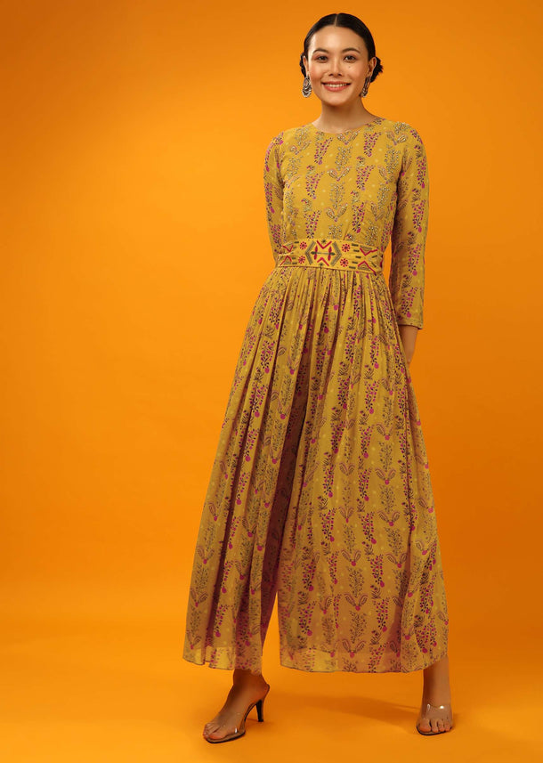 Mustard Jumpsuit In Georgette With Floral Print And Thread Embroidered Belt