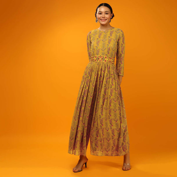 Mustard Jumpsuit In Georgette With Floral Print And Thread Embroidered Belt