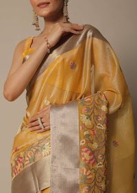 Mustard Kora Silk Saree With Multi-Color Thread Work