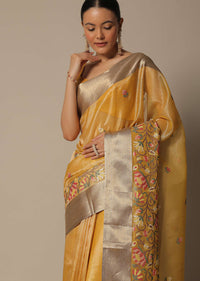 Mustard Kora Silk Saree With Multi-Color Thread Work