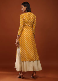 Mustard Yellow Kurta In Cotton With Lehariya Print And Gotta Detailed Floral Yoke