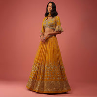 Mustard Yellow Lehenga In Georgette With Sequin Abla Embroidery And Ruffle Sleeved Choli