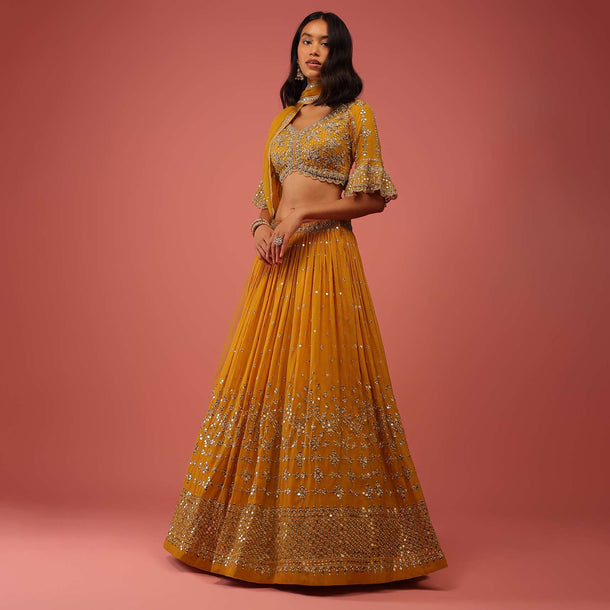 Mustard Yellow Lehenga In Georgette With Sequin Abla Embroidery And Ruffle Sleeved Choli