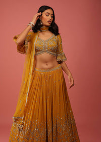 Mustard Yellow Lehenga In Georgette With Sequin Abla Embroidery And Ruffle Sleeved Choli