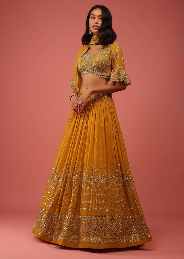 Mustard Yellow Lehenga In Georgette With Sequin Abla Embroidery And Ruffle Sleeved Choli