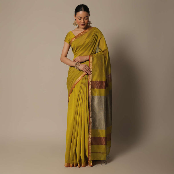 Mustard Maheshwari Chanderi Silk Saree With Jute Woven Pallu