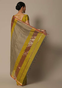 Mustard Maheshwari Chanderi Silk Saree With Jute Woven Pallu