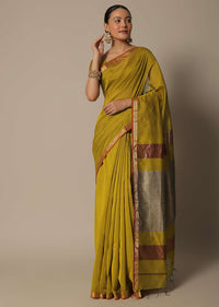 Mustard Maheshwari Chanderi Silk Saree With Jute Woven Pallu