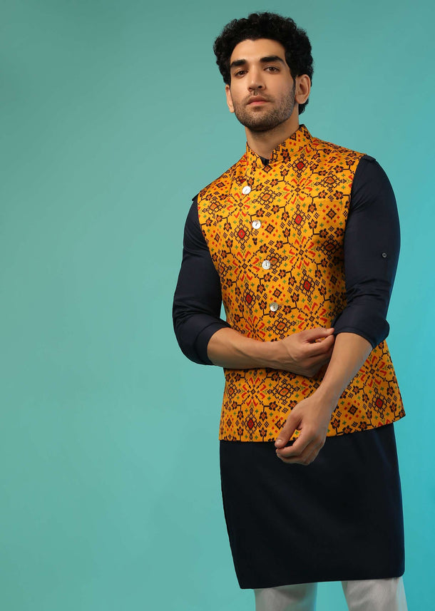 Mustard Nehru Jacket And Navy Blue Kurta Set With Patola Printed Jaal