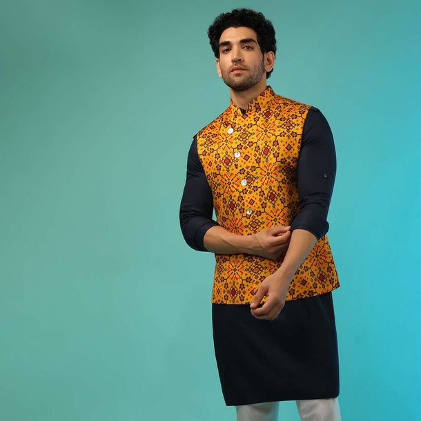 Mustard Nehru Jacket And Navy Blue Kurta Set With Patola Printed Jaal