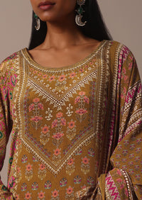 Mustard Printed Palazzo Set In Chiffon With Stone Work Kurta