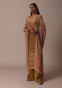 Mustard Printed Palazzo Set In Chiffon With Stone Work Kurta