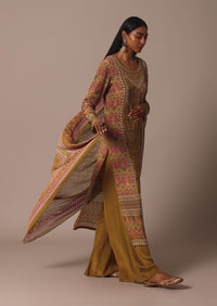 Mustard Printed Palazzo Set In Chiffon With Stone Work Kurta