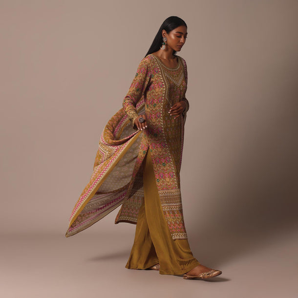 Mustard Printed Palazzo Set In Chiffon With Stone Work Kurta