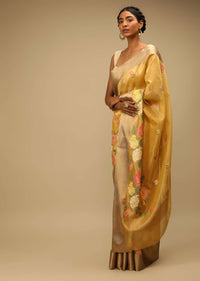 Mustard Saree In Zari Kota Silk With Multi Colored Resham Embroidered Flowers On The Border