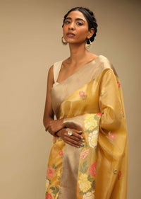 Mustard Saree In Zari Kota Silk With Multi Colored Resham Embroidered Flowers On The Border