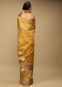 Mustard Saree In Zari Kota Silk With Multi Colored Resham Embroidered Flowers On The Border