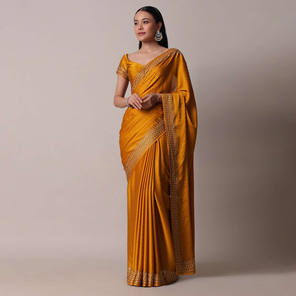 Mustard Satin Saree With Gold Tone Embellishments And Unstitched Blouse Piece
