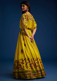 Mustard Silk Blend Crop Top And Skirt With Resham Work