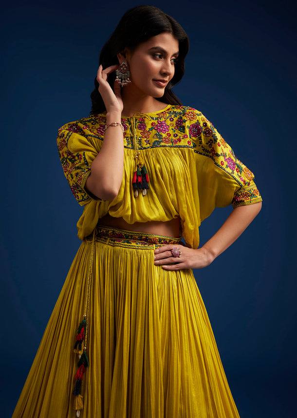 Mustard Silk Blend Crop Top And Skirt With Resham Work