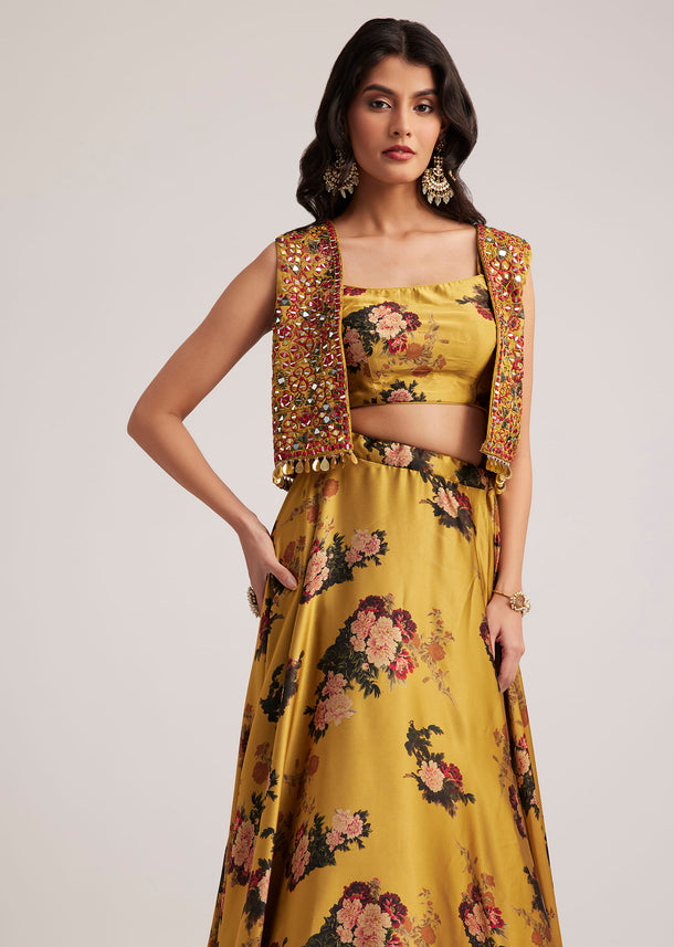 Mustard Silk Floral Skirt Set With Jacket And Mirror Work