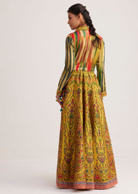 Mustard Silk Skirt Set With Print And Bead Details