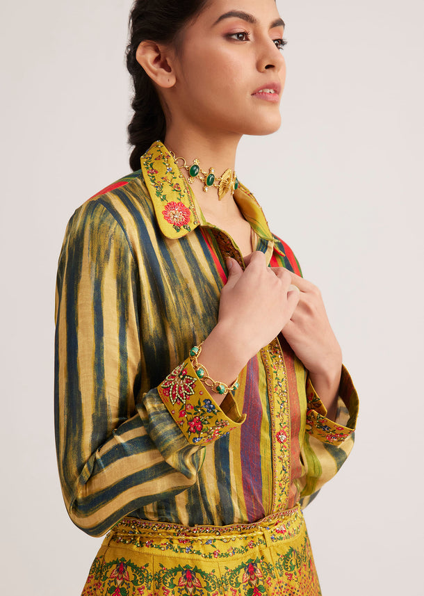 Mustard Silk Skirt Set With Print And Bead Details