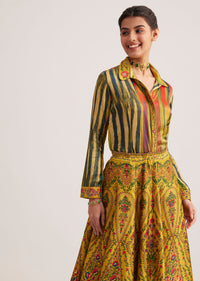 Mustard Silk Skirt Set With Print And Bead Details