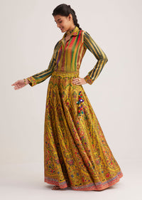 Mustard Silk Skirt Set With Print And Bead Details