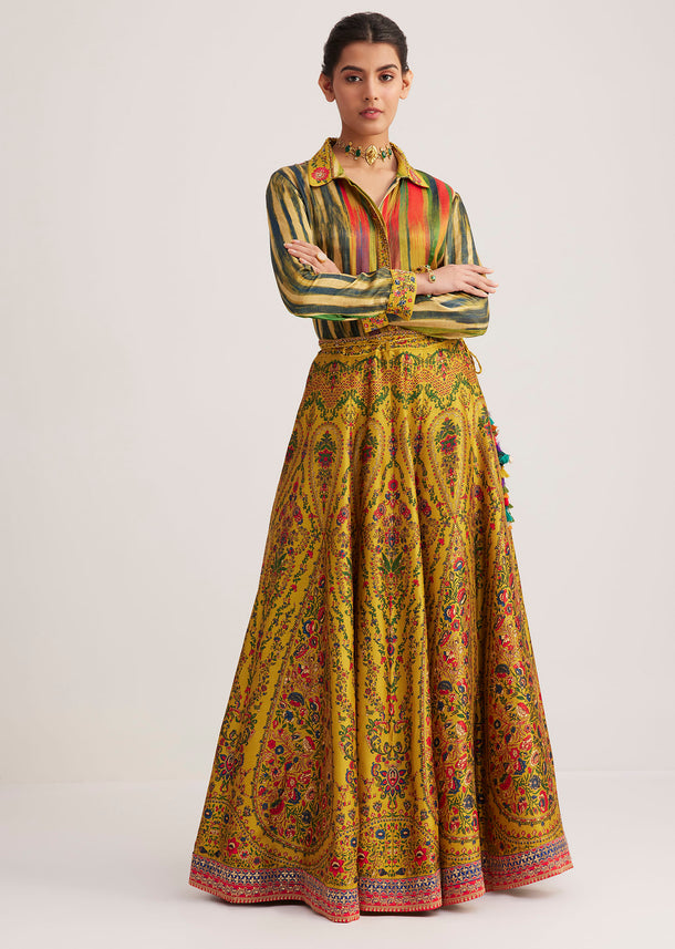Mustard Silk Skirt Set With Print And Bead Details