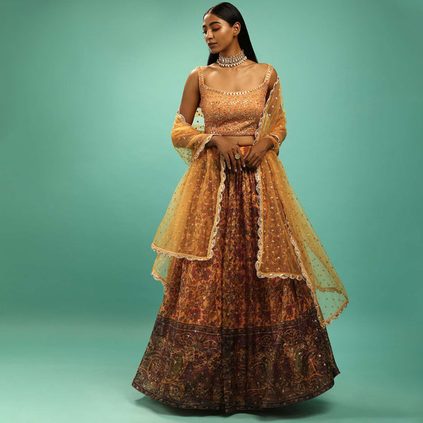 Mustard Skirt And Crop Top Set With Floral And Peacock Print And Mirror Work