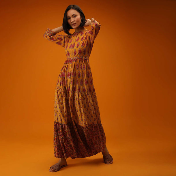 Mustard Tiered Dress In Cotton With Block Printed Paisley Buttis Online - Re By Kalki