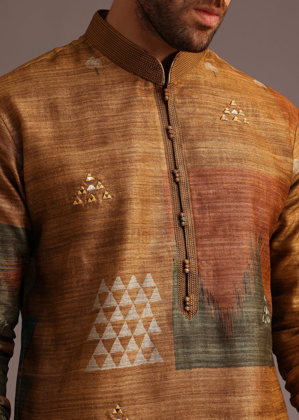 Mustard Tussar Silk Abstract Print Kurta And Pyjama