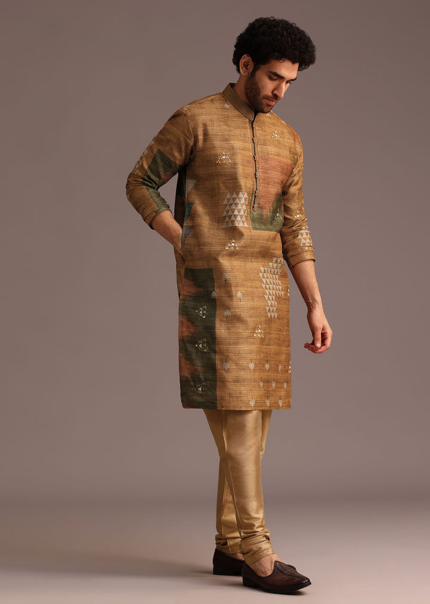 Mustard Tussar Silk Abstract Print Kurta And Pyjama