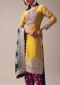 Mustard Yellow Color Block Pallazo Suit Set In Chinon