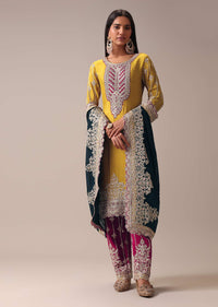 Mustard Yellow Color Block Pallazo Suit Set In Chinon