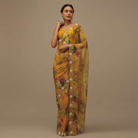 Mustard Yellow Embroidered Saree In Organza With Vibrant Floral Print