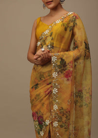 Mustard Yellow Embroidered Saree In Organza With Vibrant Floral Print