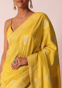 Mustard Yellow Banarasi Bandhani Saree With Zari Work And Unstitched Blouse Piece