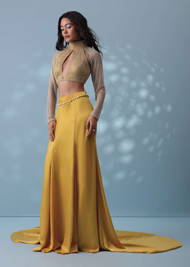 Mustard Yellow Indowestern Trail Skirt In Milano Satin With Mesh Blouse