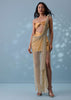 Mustard Yellow Indowestern Skirt And Top Set With Mesh Pleated Drape