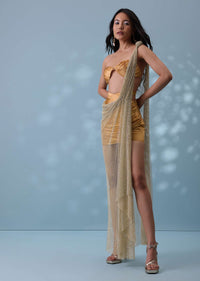 Mustard Yellow Indowestern Skirt And Top Set With Mesh Pleated Drape