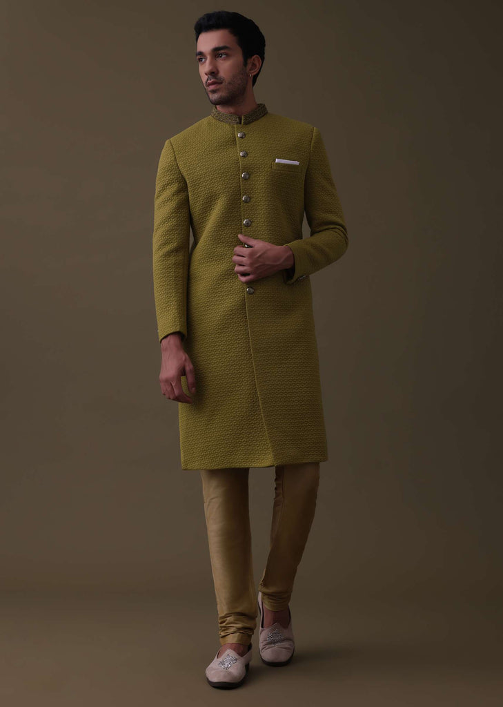 Mustard Yellow Embroidered Sherwani Set In Quilted Silk With Collar Detailing