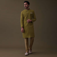 Mustard Yellow Embroidered Sherwani Set In Quilted Silk With Collar Detailing