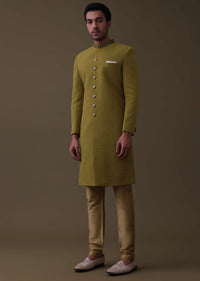 Mustard Yellow Embroidered Sherwani Set In Quilted Silk With Collar Detailing