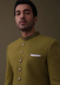 Mustard Yellow Embroidered Sherwani Set In Quilted Silk With Collar Detailing