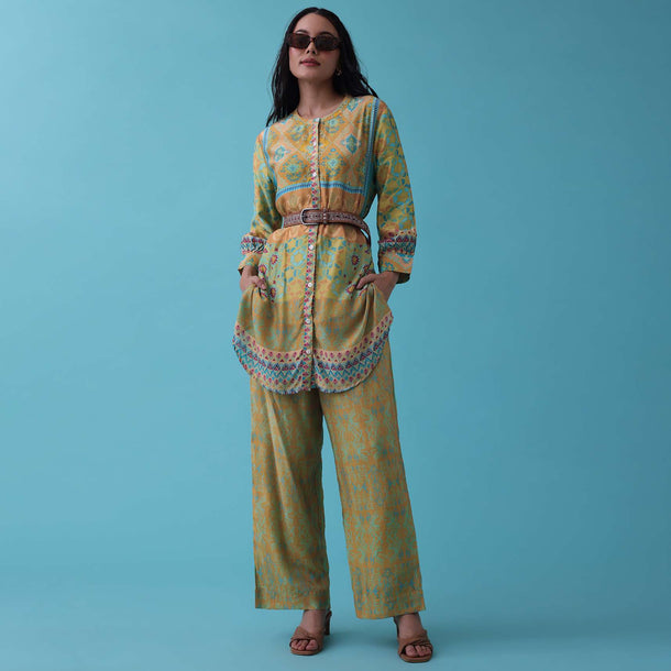 Mustard Yellow Printed Co-ord Set In Tussar - RE By Kalki