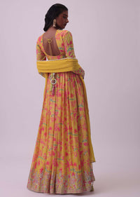 Mustard Yellow Anarkali In Chinon With Floral Embroidery