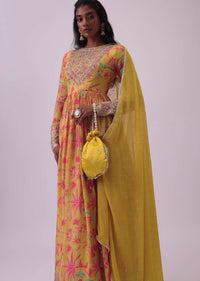 Mustard Yellow Anarkali In Chinon With Floral Embroidery