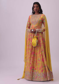 Mustard Yellow Anarkali In Chinon With Floral Embroidery